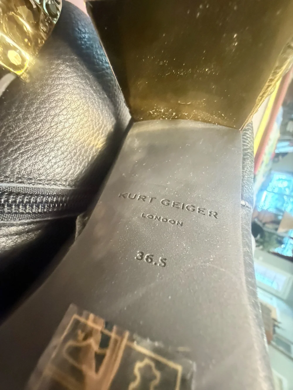 NWOT Kurt Geiger Mayfair Black Leather Over The Knee Boots Gold Heel Size 6.5